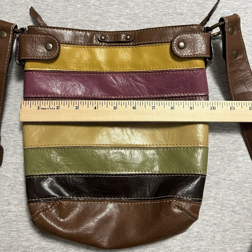 VTG Axcess Satchel Bag Rainbow Earth Tones Patchwork Boho PVC Crossbody Vegan - Picture 8 of 12